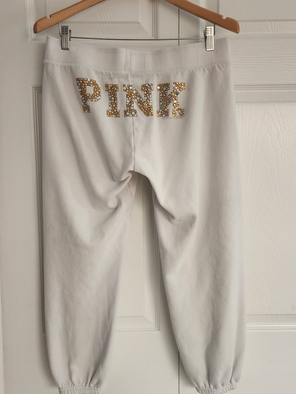 Y2K PINK Victoria's Secret McBling White Gold Silver Rhinestones Sweatpants, M